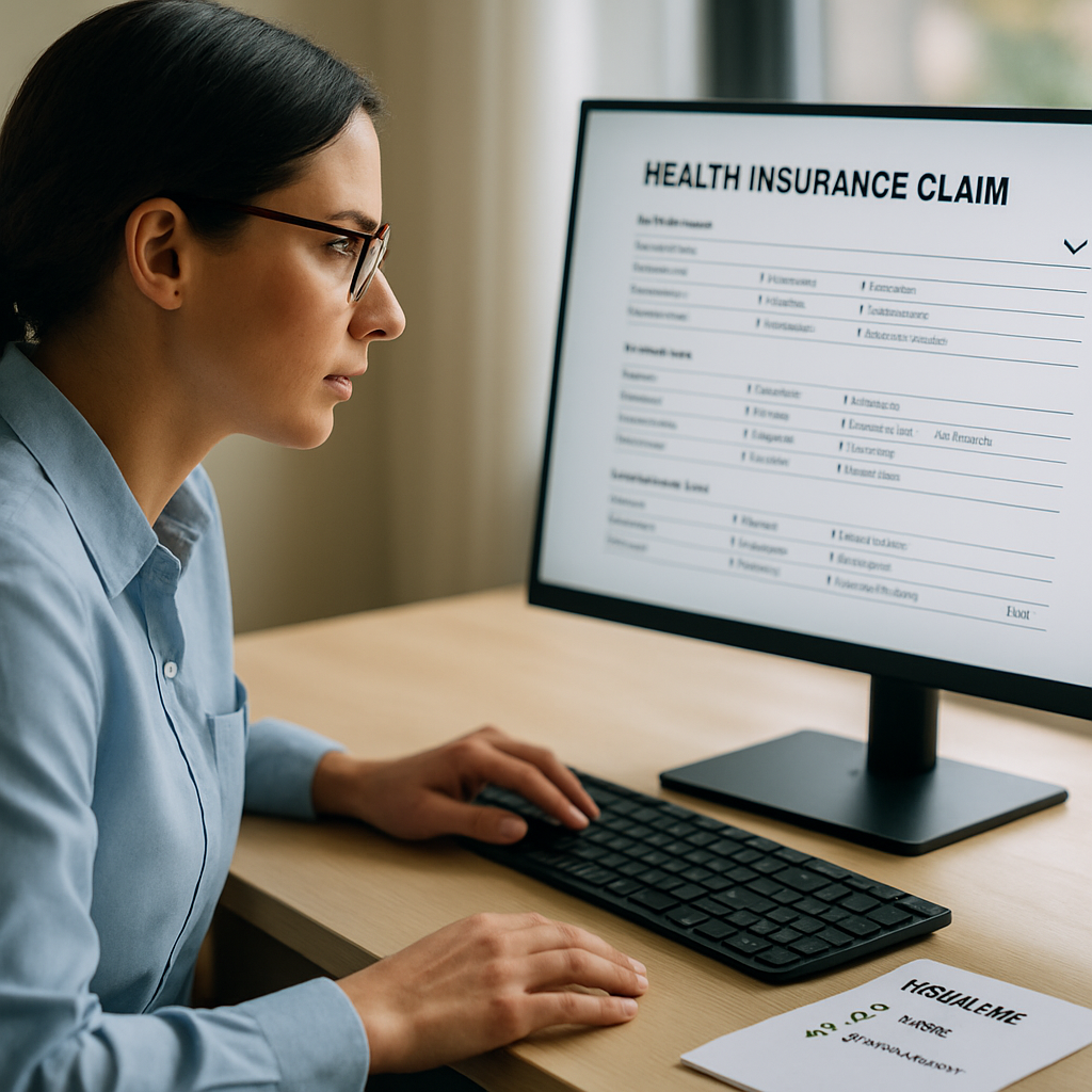 Medical billing specialist checks a completed insurance claim and intake checklist at a computer.