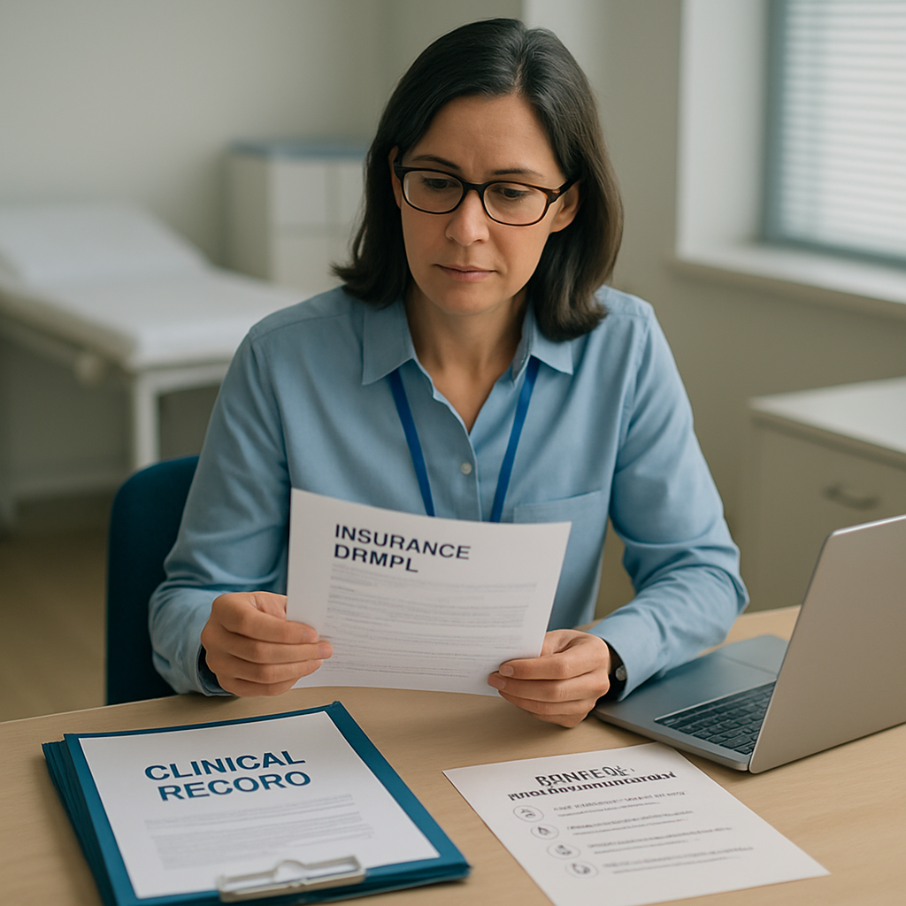 A patient advocate reviews an insurance denial letter and organized clinical records beside a