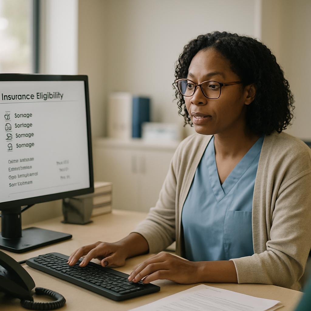 A clinic specialist verifies insurance benefits at a computer while a patient waits nearby.