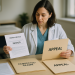 A medical billing specialist reviews a denied claim beside folders marked corrected claim and